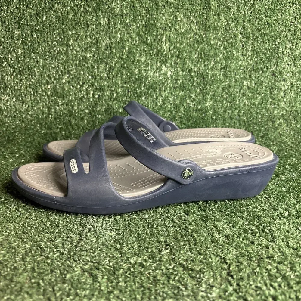 Crocs Patricia Blue Gray Wedge Heel Slides‎ Sandals 10386 Womens Size 10